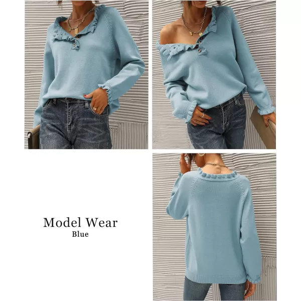 imageBTFBM Womens Sweaters Casual Long Sleeve Button Down Crew Neck Ruffle Knit Pullover Sweater Tops Solid Color StripedSolid Blue
