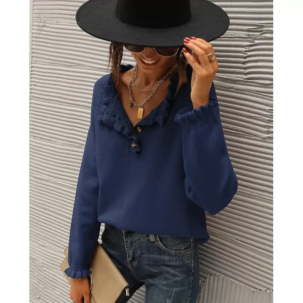 imageBTFBM Womens Sweaters Casual Long Sleeve Button Down Crew Neck Ruffle Knit Pullover Sweater Tops Solid Color StripedSolid Bright Blue
