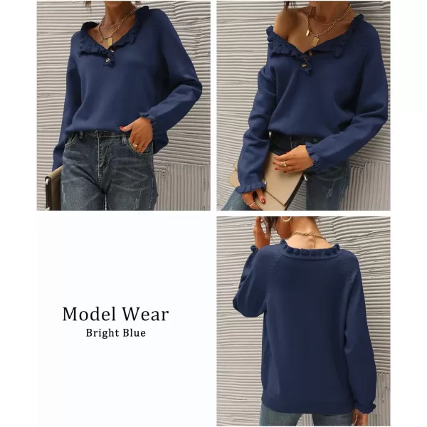 imageBTFBM Womens Sweaters Casual Long Sleeve Button Down Crew Neck Ruffle Knit Pullover Sweater Tops Solid Color StripedSolid Bright Blue