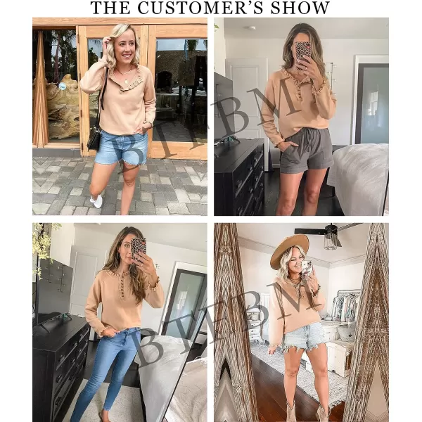 imageBTFBM Womens Sweaters Casual Long Sleeve Button Down Crew Neck Ruffle Knit Pullover Sweater Tops Solid Color StripedSolid Brown Camel