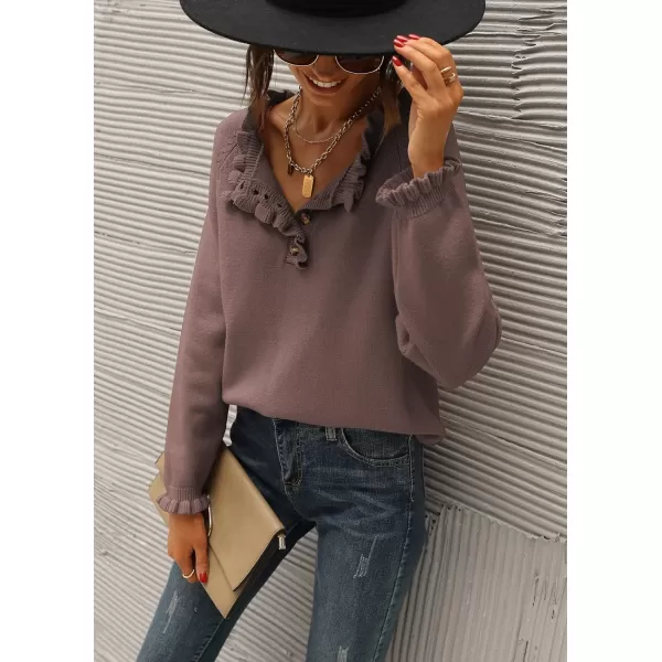 imageBTFBM Womens Sweaters Casual Long Sleeve Button Down Crew Neck Ruffle Knit Pullover Sweater Tops Solid Color StripedSolid Brown Camel