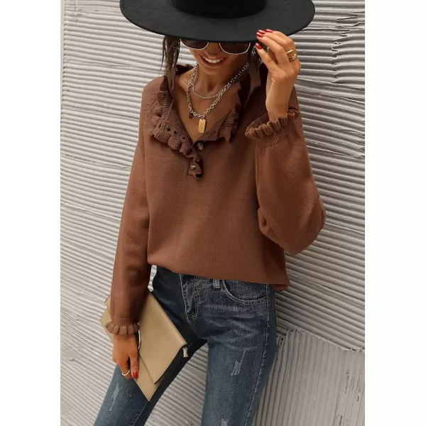 imageBTFBM Womens Sweaters Casual Long Sleeve Button Down Crew Neck Ruffle Knit Pullover Sweater Tops Solid Color StripedSolid Brown Coffee