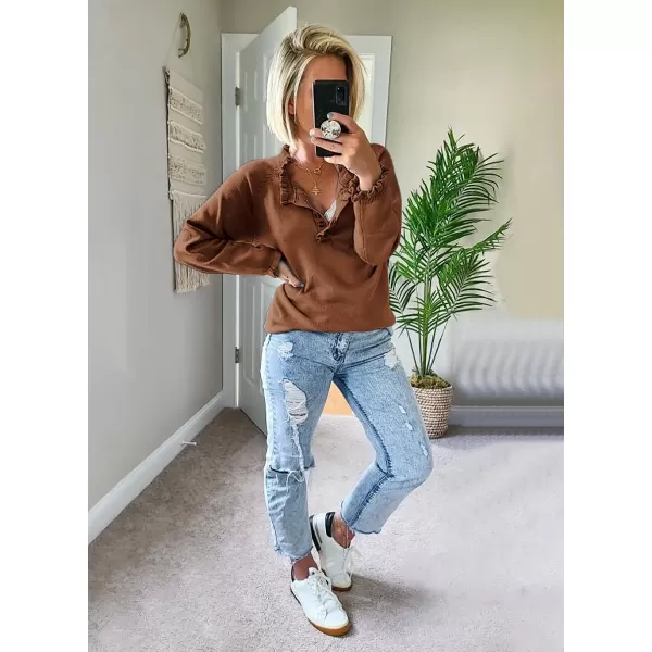 imageBTFBM Womens Sweaters Casual Long Sleeve Button Down Crew Neck Ruffle Knit Pullover Sweater Tops Solid Color StripedSolid Brown Coffee