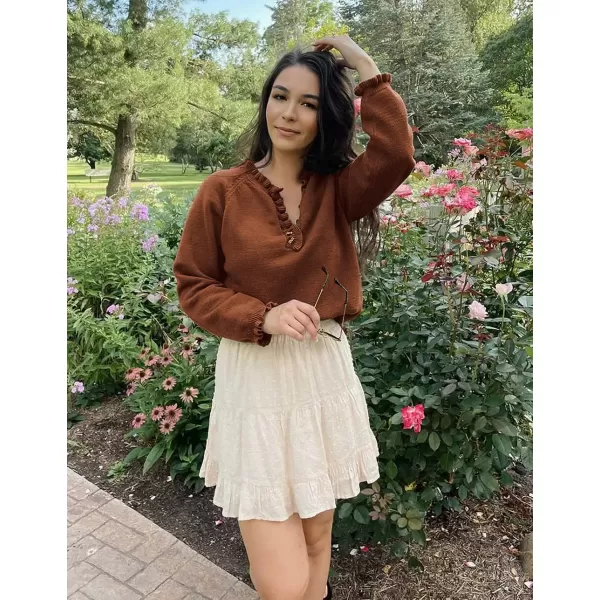 imageBTFBM Womens Sweaters Casual Long Sleeve Button Down Crew Neck Ruffle Knit Pullover Sweater Tops Solid Color StripedSolid Brown Coffee