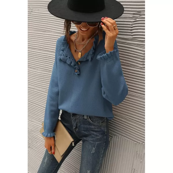 imageBTFBM Womens Sweaters Casual Long Sleeve Button Down Crew Neck Ruffle Knit Pullover Sweater Tops Solid Color StripedSolid Dark Blue