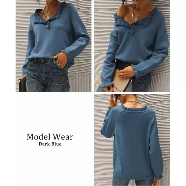 imageBTFBM Womens Sweaters Casual Long Sleeve Button Down Crew Neck Ruffle Knit Pullover Sweater Tops Solid Color StripedSolid Dark Blue