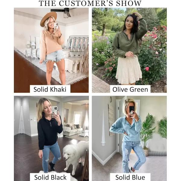 imageBTFBM Womens Sweaters Casual Long Sleeve Button Down Crew Neck Ruffle Knit Pullover Sweater Tops Solid Color StripedSolid Dark Green