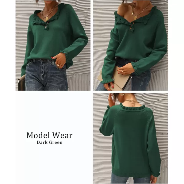 imageBTFBM Womens Sweaters Casual Long Sleeve Button Down Crew Neck Ruffle Knit Pullover Sweater Tops Solid Color StripedSolid Dark Green