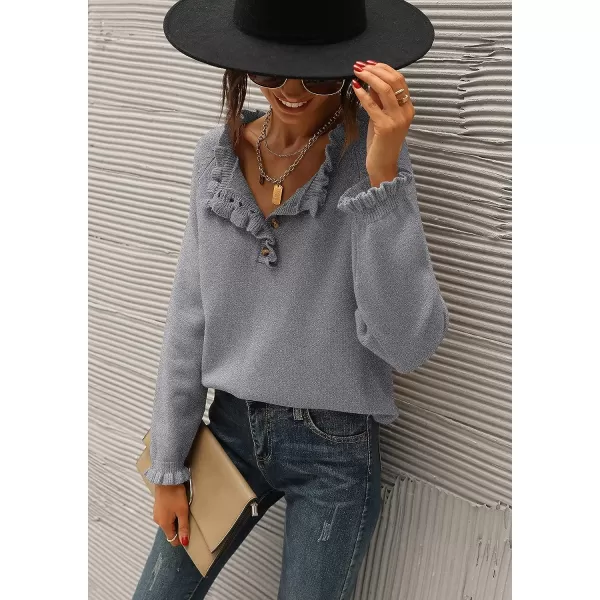 imageBTFBM Womens Sweaters Casual Long Sleeve Button Down Crew Neck Ruffle Knit Pullover Sweater Tops Solid Color StripedSolid Grey