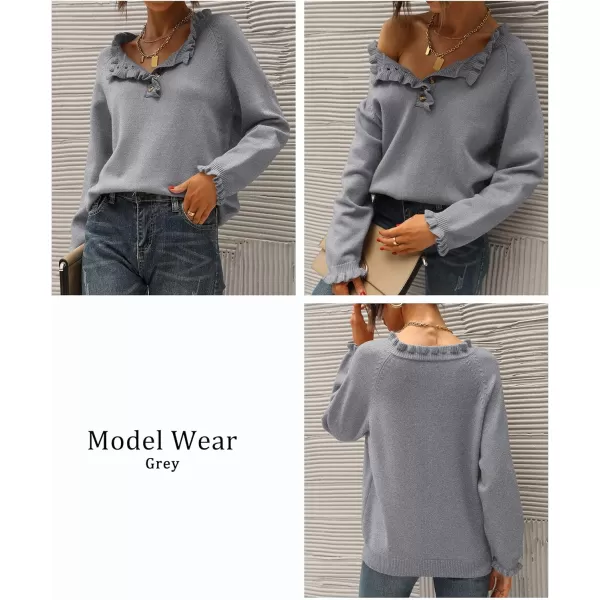 imageBTFBM Womens Sweaters Casual Long Sleeve Button Down Crew Neck Ruffle Knit Pullover Sweater Tops Solid Color StripedSolid Grey