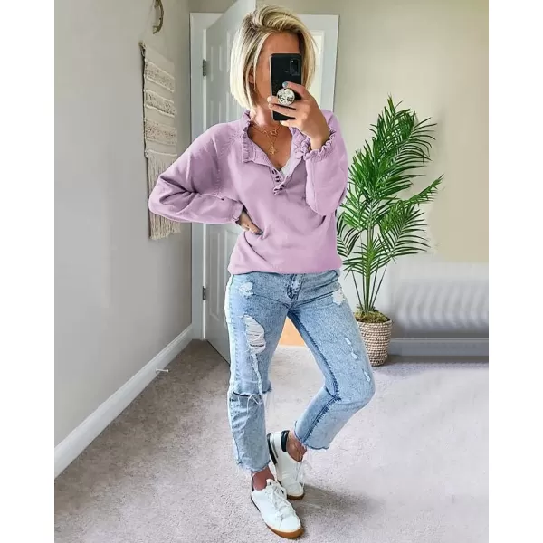 imageBTFBM Womens Sweaters Casual Long Sleeve Button Down Crew Neck Ruffle Knit Pullover Sweater Tops Solid Color StripedSolid Grey Purple