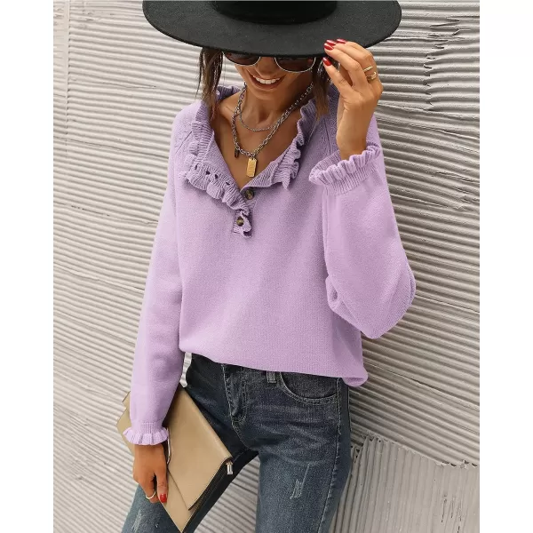 imageBTFBM Womens Sweaters Casual Long Sleeve Button Down Crew Neck Ruffle Knit Pullover Sweater Tops Solid Color StripedSolid Grey Purple