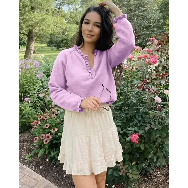 imageBTFBM Womens Sweaters Casual Long Sleeve Button Down Crew Neck Ruffle Knit Pullover Sweater Tops Solid Color StripedSolid Grey Purple