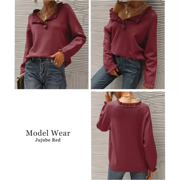imageBTFBM Womens Sweaters Casual Long Sleeve Button Down Crew Neck Ruffle Knit Pullover Sweater Tops Solid Color StripedSolid Jujube Red