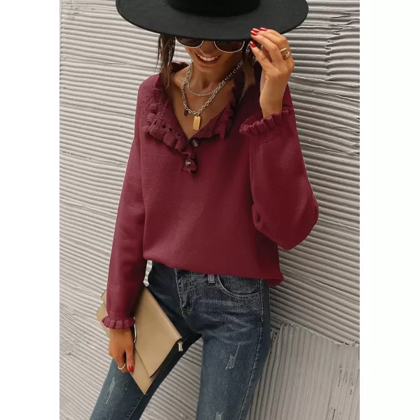 imageBTFBM Womens Sweaters Casual Long Sleeve Button Down Crew Neck Ruffle Knit Pullover Sweater Tops Solid Color StripedSolid Jujube Red