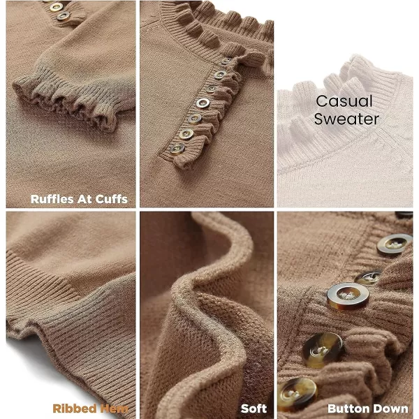 imageBTFBM Womens Sweaters Casual Long Sleeve Button Down Crew Neck Ruffle Knit Pullover Sweater Tops Solid Color StripedSolid Jujube Red