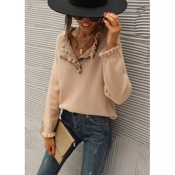 imageBTFBM Womens Sweaters Casual Long Sleeve Button Down Crew Neck Ruffle Knit Pullover Sweater Tops Solid Color StripedSolid Khaki