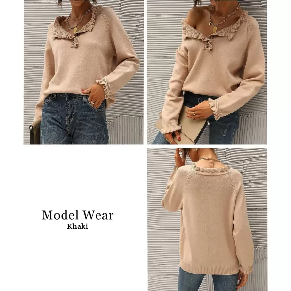 imageBTFBM Womens Sweaters Casual Long Sleeve Button Down Crew Neck Ruffle Knit Pullover Sweater Tops Solid Color StripedSolid Khaki