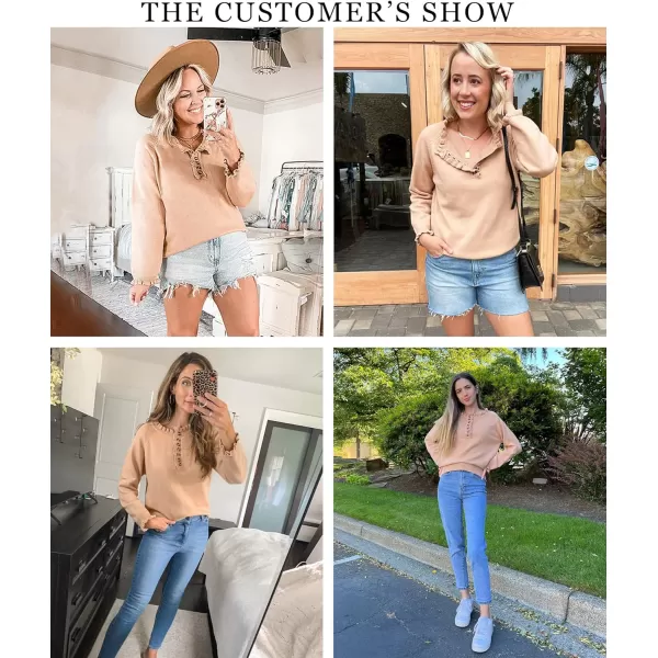 imageBTFBM Womens Sweaters Casual Long Sleeve Button Down Crew Neck Ruffle Knit Pullover Sweater Tops Solid Color StripedSolid Khaki