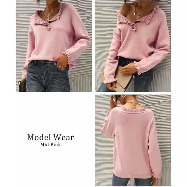 imageBTFBM Womens Sweaters Casual Long Sleeve Button Down Crew Neck Ruffle Knit Pullover Sweater Tops Solid Color StripedSolid Mid Pink
