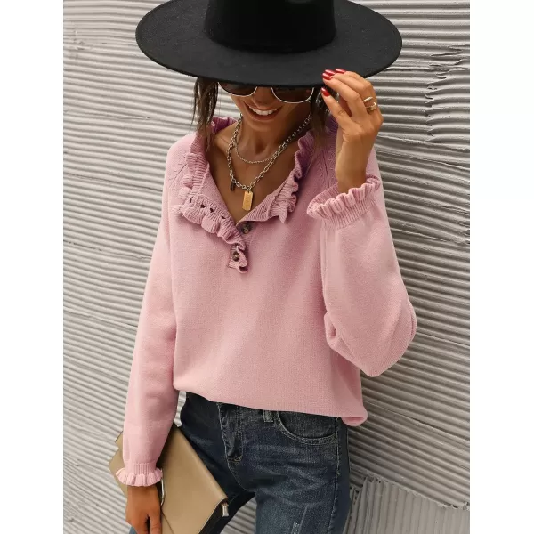 imageBTFBM Womens Sweaters Casual Long Sleeve Button Down Crew Neck Ruffle Knit Pullover Sweater Tops Solid Color StripedSolid Mid Pink