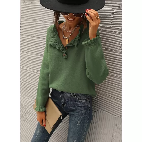 imageBTFBM Womens Sweaters Casual Long Sleeve Button Down Crew Neck Ruffle Knit Pullover Sweater Tops Solid Color StripedSolid Olive Green