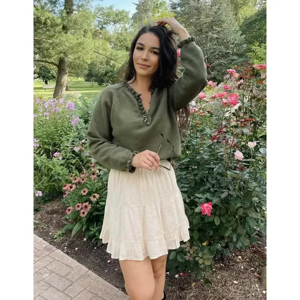 imageBTFBM Womens Sweaters Casual Long Sleeve Button Down Crew Neck Ruffle Knit Pullover Sweater Tops Solid Color StripedSolid Olive Green