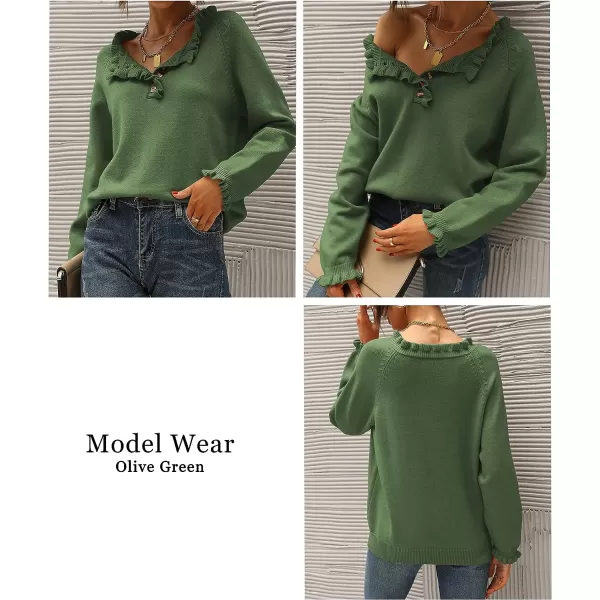 imageBTFBM Womens Sweaters Casual Long Sleeve Button Down Crew Neck Ruffle Knit Pullover Sweater Tops Solid Color StripedSolid Olive Green