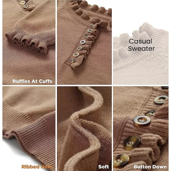 imageBTFBM Womens Sweaters Casual Long Sleeve Button Down Crew Neck Ruffle Knit Pullover Sweater Tops Solid Color StripedSolid Olive Green