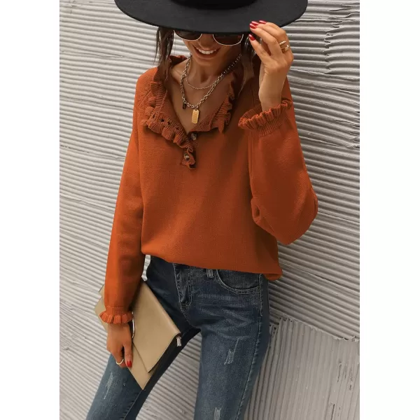 imageBTFBM Womens Sweaters Casual Long Sleeve Button Down Crew Neck Ruffle Knit Pullover Sweater Tops Solid Color StripedSolid Orange Yellow