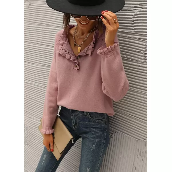 imageBTFBM Womens Sweaters Casual Long Sleeve Button Down Crew Neck Ruffle Knit Pullover Sweater Tops Solid Color StripedSolid Pink