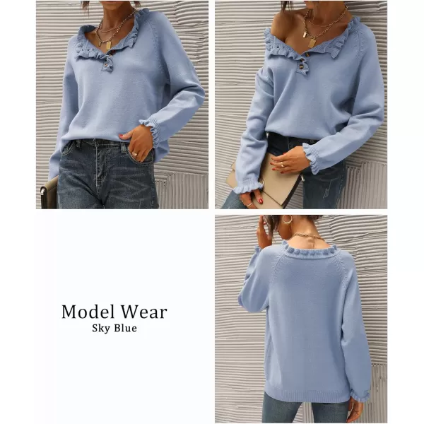 imageBTFBM Womens Sweaters Casual Long Sleeve Button Down Crew Neck Ruffle Knit Pullover Sweater Tops Solid Color StripedSolid Sky Blue