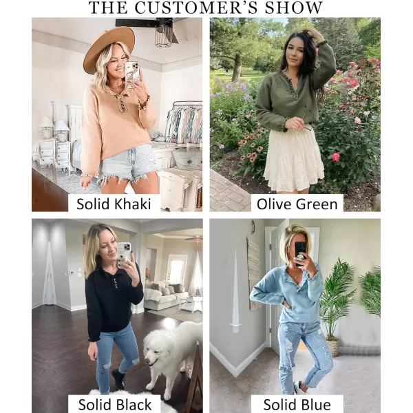 imageBTFBM Womens Sweaters Casual Long Sleeve Button Down Crew Neck Ruffle Knit Pullover Sweater Tops Solid Color StripedSolid Sky Blue