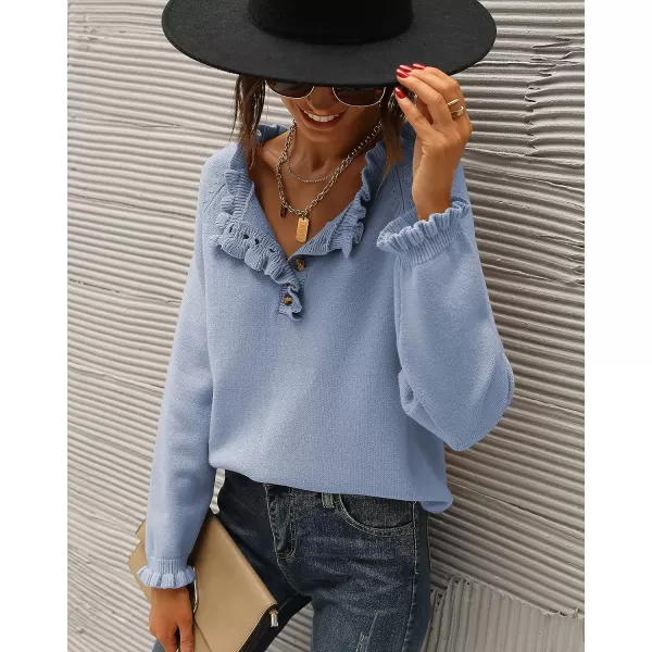imageBTFBM Womens Sweaters Casual Long Sleeve Button Down Crew Neck Ruffle Knit Pullover Sweater Tops Solid Color StripedSolid Sky Blue