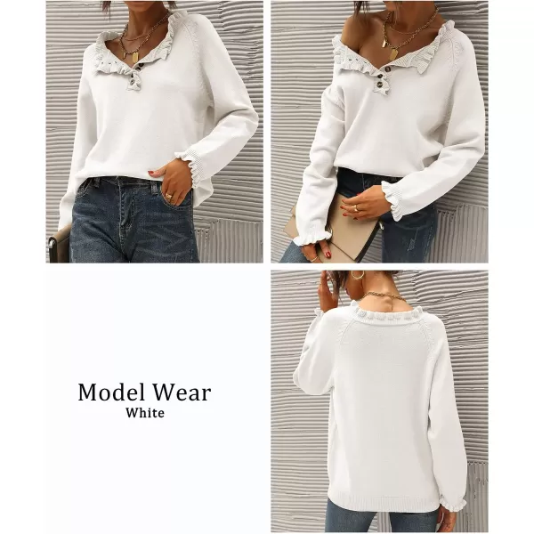 imageBTFBM Womens Sweaters Casual Long Sleeve Button Down Crew Neck Ruffle Knit Pullover Sweater Tops Solid Color StripedSolid White