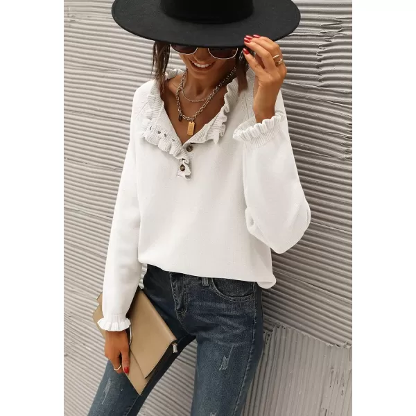 imageBTFBM Womens Sweaters Casual Long Sleeve Button Down Crew Neck Ruffle Knit Pullover Sweater Tops Solid Color StripedSolid White