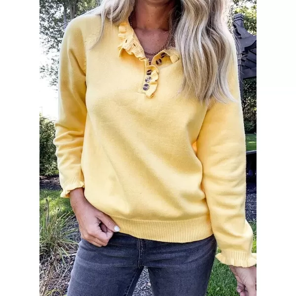 imageBTFBM Womens Sweaters Casual Long Sleeve Button Down Crew Neck Ruffle Knit Pullover Sweater Tops Solid Color StripedSolid Yellow