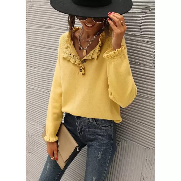 imageBTFBM Womens Sweaters Casual Long Sleeve Button Down Crew Neck Ruffle Knit Pullover Sweater Tops Solid Color StripedSolid Yellow