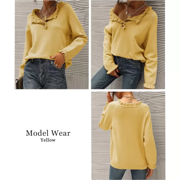 imageBTFBM Womens Sweaters Casual Long Sleeve Button Down Crew Neck Ruffle Knit Pullover Sweater Tops Solid Color StripedSolid Yellow