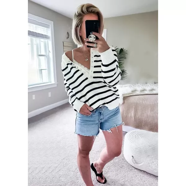 imageBTFBM Womens Sweaters Casual Long Sleeve Button Down Crew Neck Ruffle Knit Pullover Sweater Tops Solid Color StripedStripes White