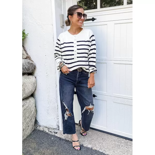 imageBTFBM Womens Sweaters Casual Long Sleeve Button Down Crew Neck Ruffle Knit Pullover Sweater Tops Solid Color StripedStripes White