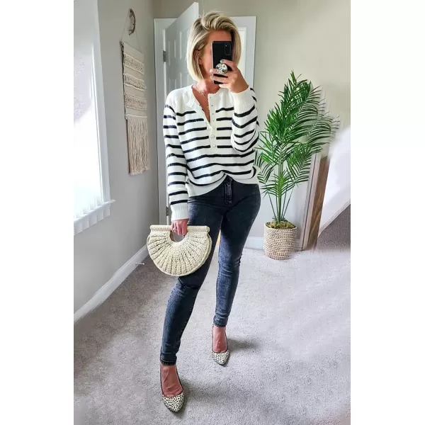 imageBTFBM Womens Sweaters Casual Long Sleeve Button Down Crew Neck Ruffle Knit Pullover Sweater Tops Solid Color StripedStripes White