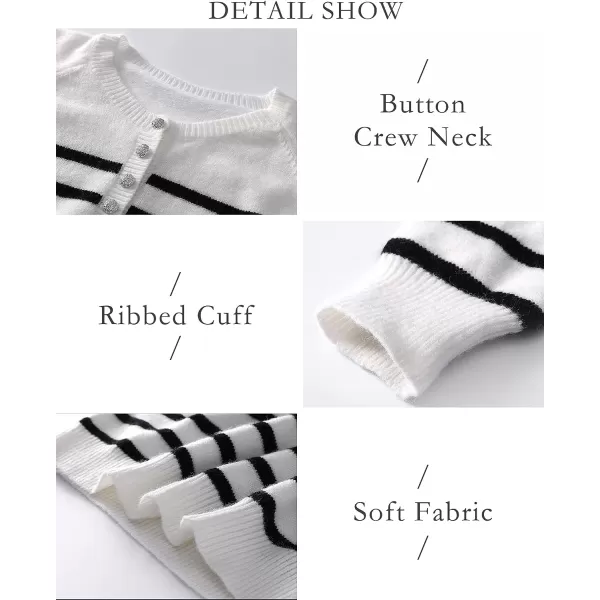imageBTFBM Womens Sweaters Casual Long Sleeve Button Down Crew Neck Ruffle Knit Pullover Sweater Tops Solid Color StripedStripes White