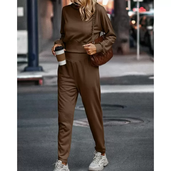 imageBTFBM Womens Sweatsuit Set Casual Cropped Pullover Hoodie Sweatpants Long Sleeve Tracksuit 2 Piece Jogger Outfits SportSolid Coffee
