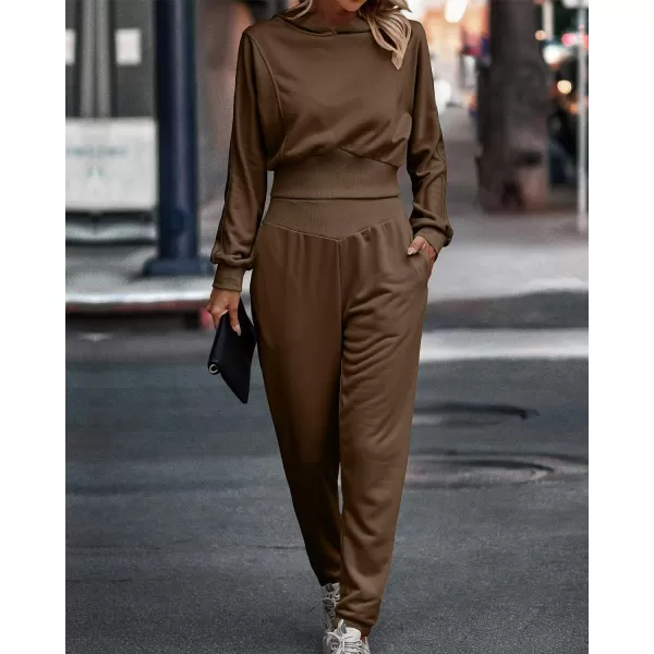 imageBTFBM Womens Sweatsuit Set Casual Cropped Pullover Hoodie Sweatpants Long Sleeve Tracksuit 2 Piece Jogger Outfits SportSolid Coffee