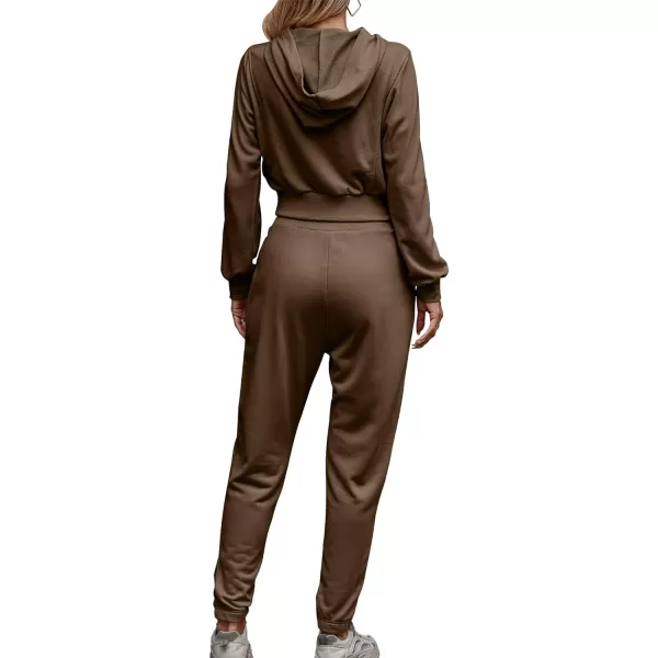 imageBTFBM Womens Sweatsuit Set Casual Cropped Pullover Hoodie Sweatpants Long Sleeve Tracksuit 2 Piece Jogger Outfits SportSolid Coffee