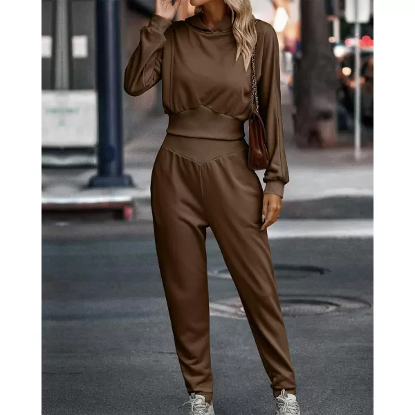 imageBTFBM Womens Sweatsuit Set Casual Cropped Pullover Hoodie Sweatpants Long Sleeve Tracksuit 2 Piece Jogger Outfits SportSolid Coffee