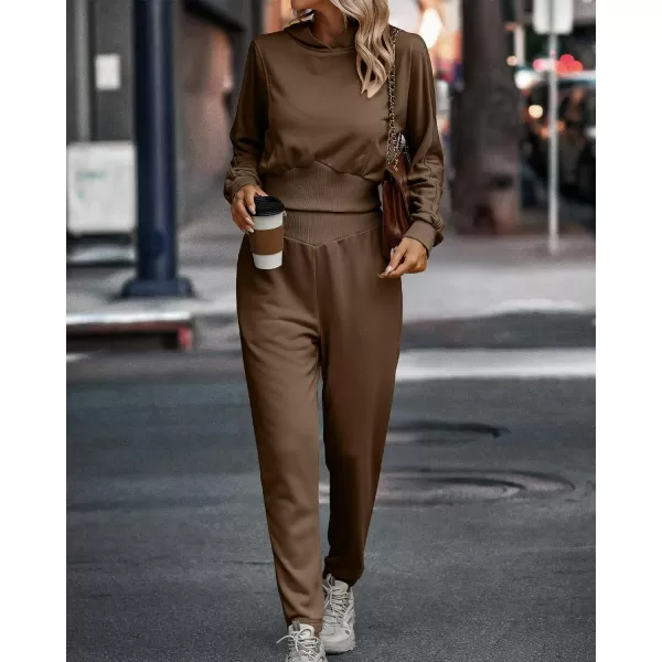 imageBTFBM Womens Sweatsuit Set Casual Cropped Pullover Hoodie Sweatpants Long Sleeve Tracksuit 2 Piece Jogger Outfits SportSolid Coffee