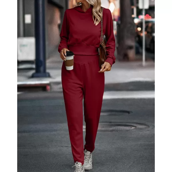 imageBTFBM Womens Sweatsuit Set Casual Cropped Pullover Hoodie Sweatpants Long Sleeve Tracksuit 2 Piece Jogger Outfits SportSolid Wine Red