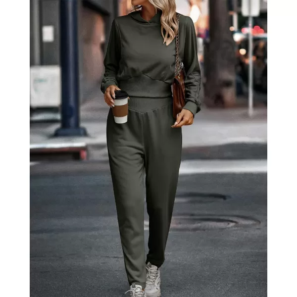 imageBTFBM Womens Sweatsuit Set Casual Pullover Hoodie Sweatpants Long Sleeve Tracksuit 2 Piece Sport Outfits Jogger SetSolid Army Green